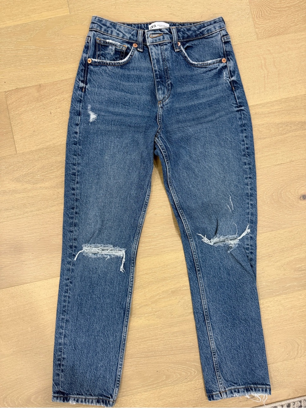 Zara Women's Blue Distressed Straight-Leg Jeans